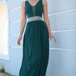 Women's Tulle Detail Dark Green Evening Dress